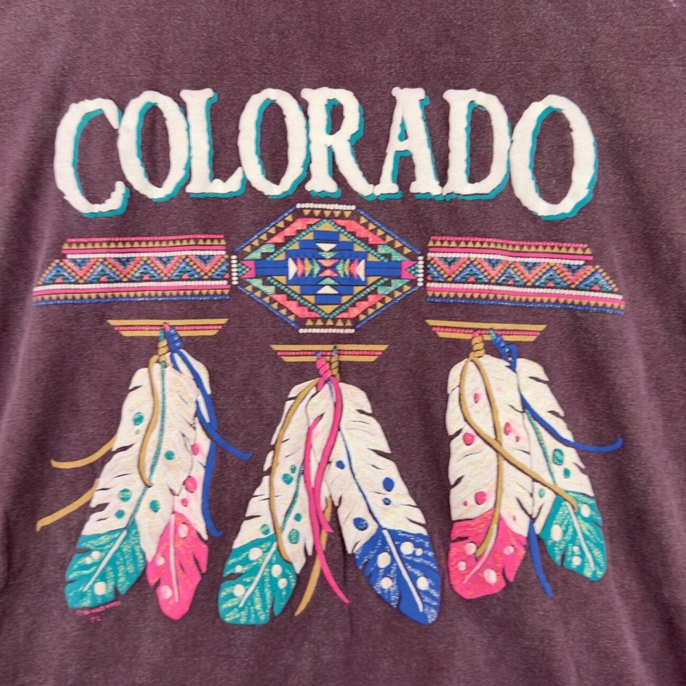 Vintage Oneita Power-T Colorado Aztec Wild West 90s Indian Feathers Glitter L